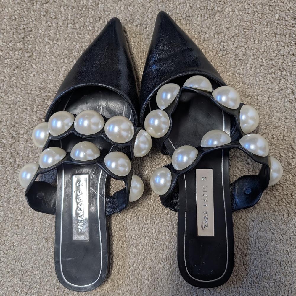 Zara Womens Pearl Strap Mules Pointed Flats Black 36 Blogger Favorite Influencer - Picture 3 of 9